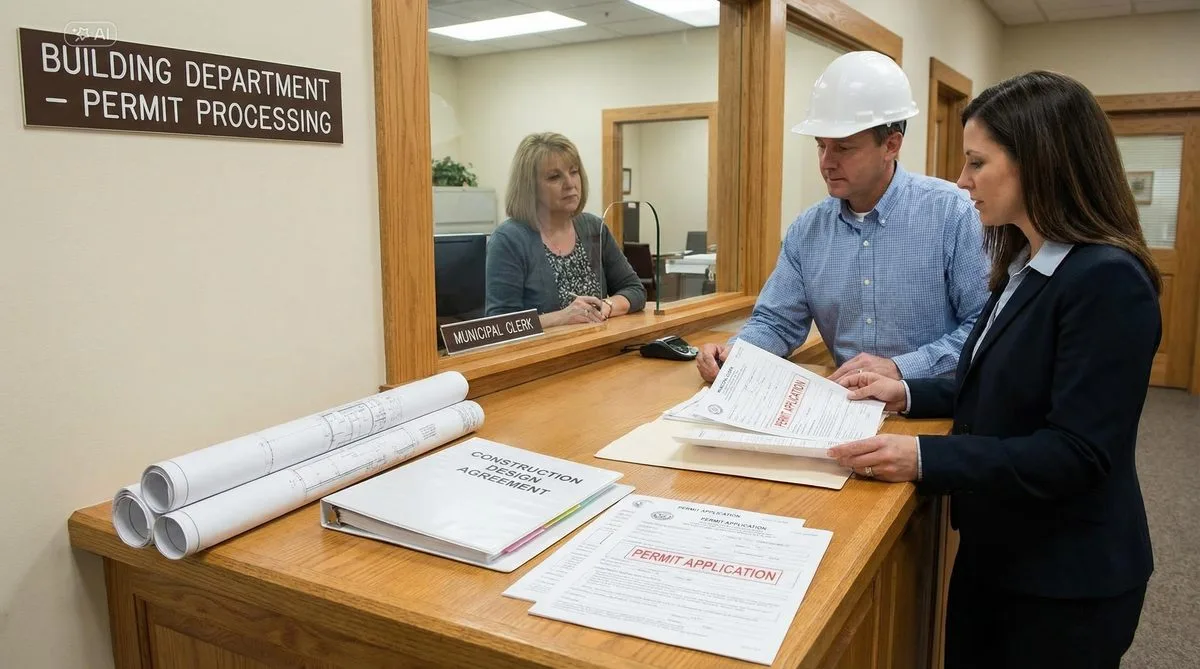 Team reviewing construction design and permit documents